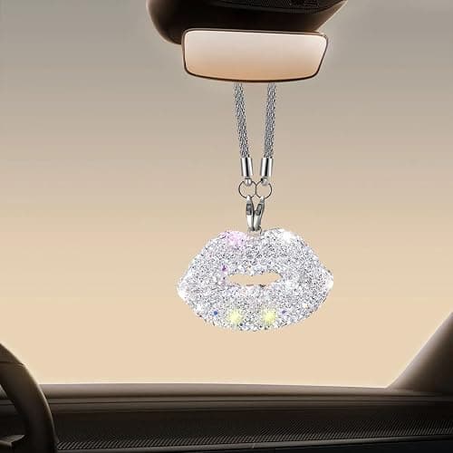 Bling Lip Diamond Hanging Accessories for Women, Crystal Rhinestone Rear View Mirror Charm, Lucky Car Decor Pendant Auto Interior Ornament, Valentine's Day Present (White) - Image 1
