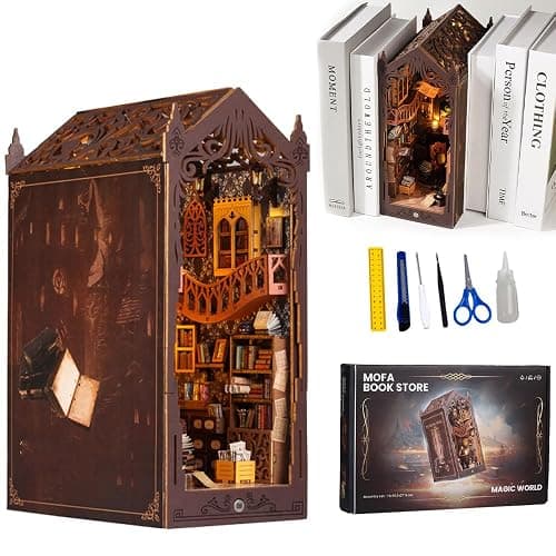 IXYHKB DIY Book Nook Kit, DIY Miniature Dollhouse Book Nook, 3D Wooden Puzzle Art Bookshelf with LED Lights, Creative Wooden Puzzle Bookends, Miniature Bookends Building Model Kit for Adults Teens thumbnail 8