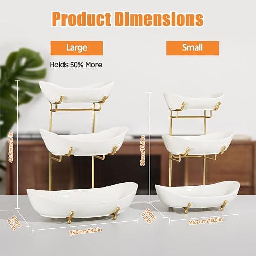 HOMKULA 3 Tier Fruit Basket, Ceramic Fruit Bowl for Kitchen Counter | Fruit Holder for Kitchen, with Metal Stand, No Installation Required, Save Space, Easy to Clean, Modern, Gold, Large thumbnail 2