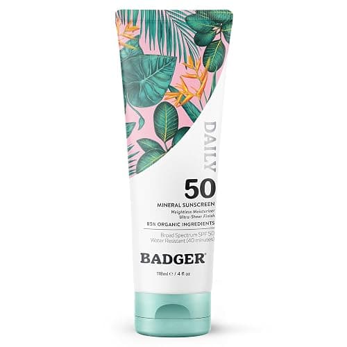 Badger SPF 50 Daily Mineral Sunscreen with Zinc Oxide, 85% Organic, Lightweight & Easy to Apply, No White Cast, Moisturizing, Reef Safe, Vegan, Unscented, 4 fl oz - Image 1