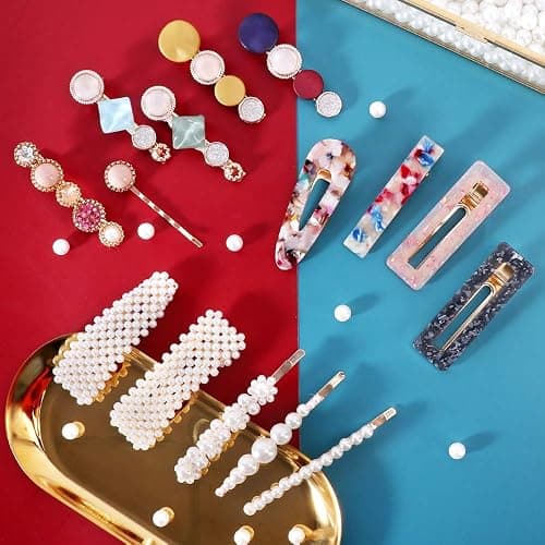 28 PCS Hingwah Pearls and Acrylic Resin Hair Clips, Handmade Hair Barrettes, Marble Alligator bobby pins, Glitter Crystal Geometric Hairpin, Elegant Gold Hair Accessories, Gifts for Women Girls thumbnail 2