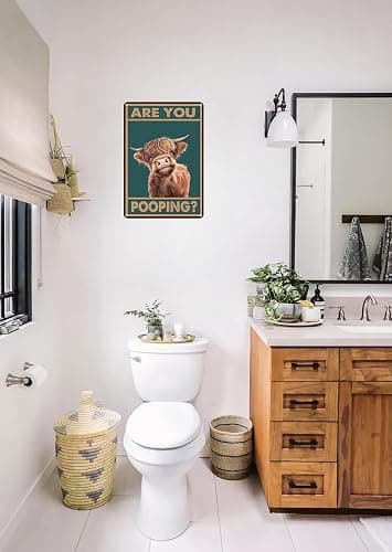Vintage Highland Cow Tin Sign: Funny "Are You Pooping?" Bathroom Wall Decor for Western & Highland Cow Lovers 8 x 12 Inch (3039) thumbnail 4