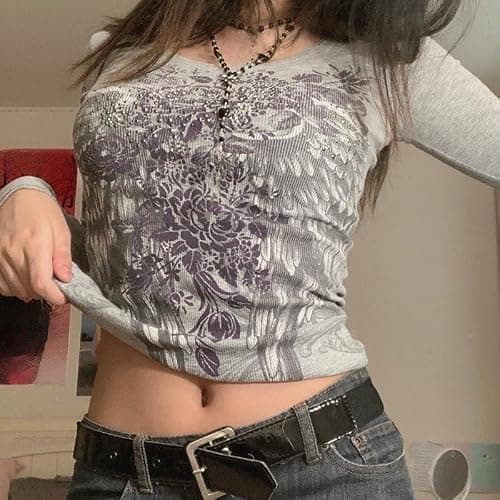 Grunge Shirts Emo Clothe Teen Girls Vintage Graphic Tee Y2k 2000s Goth Top Women Mcbling Long Sleeve Streetwear thumbnail 3