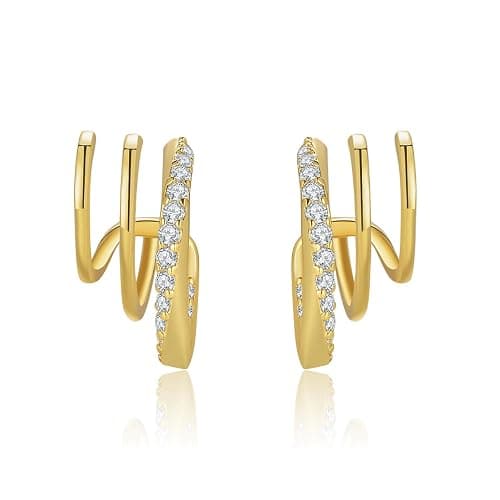 Obidos 14K Gold Plated Illusion Stud Earrings for Women | Triple Huggie Hoop Earrings for One Hole| Trendy Simple Hypoallergenic Fashion Accessories Gold Jewelry Gifts for Womens thumbnail 3