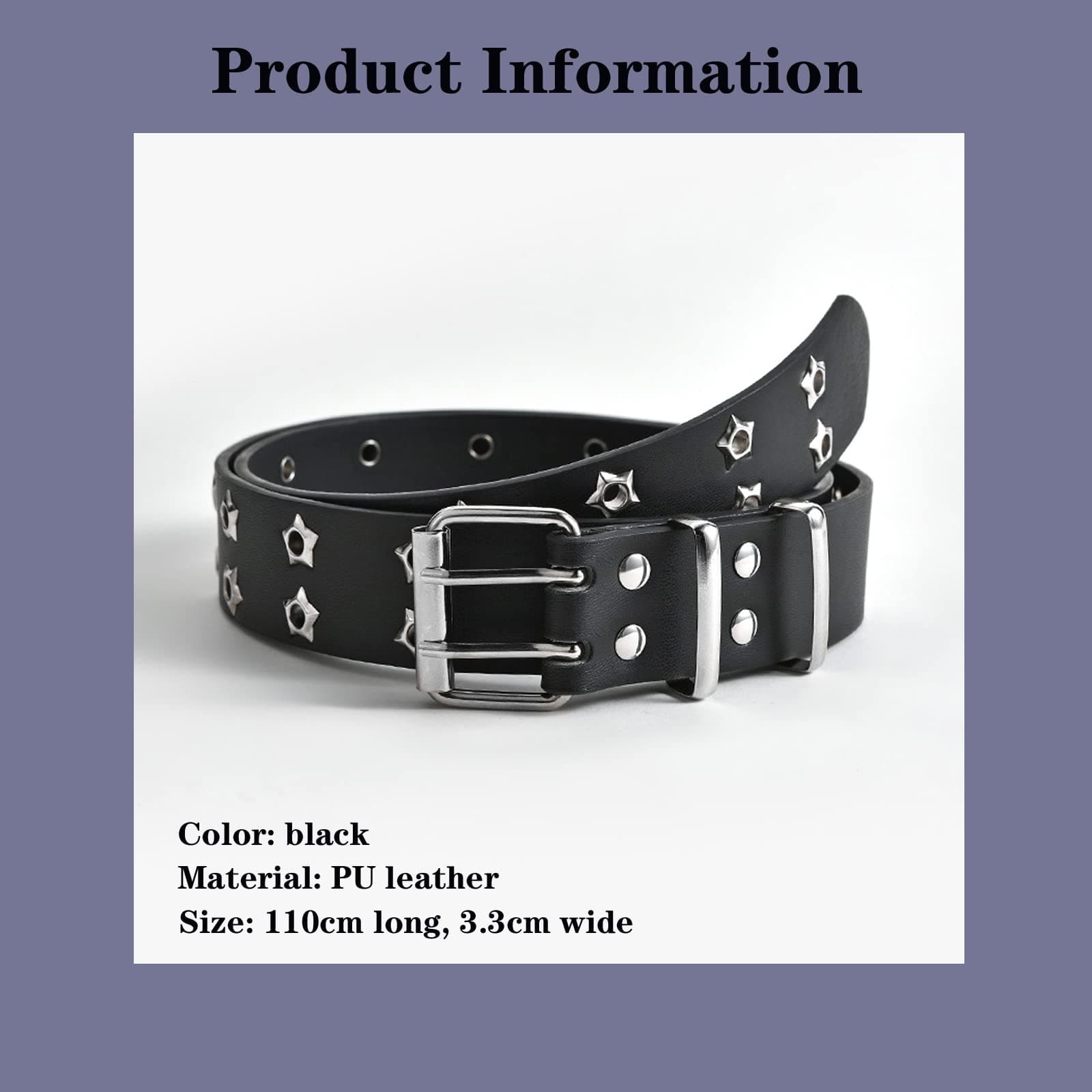 UICIOP Gothic Belt Star Rivet Double Needle Buckle PU Leather Belt Men's and Women's Jeans Fashion Belt - Black thumbnail 3