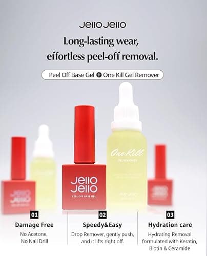 JelloJello Peel-Off Base coat Gel (10ml) + OneKillGelRemover (30ml) Set Peelable Nail Base, Easy Removal, Self Nail, UV/LED Cure thumbnail 2