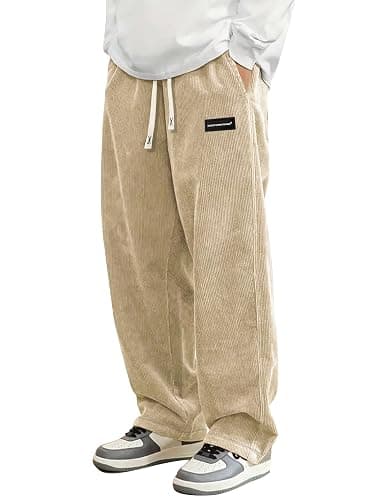 Hidkat Mens Corduroy Casual Pants Fashion Loose Fit Wide Leg Pants Straight Sweatpants Elastic Waist Drawstring - Image 1
