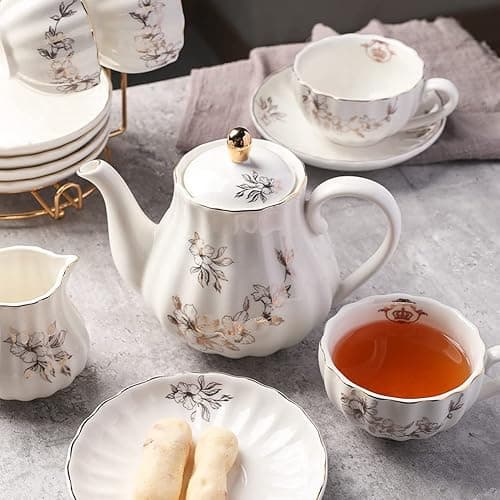 Porcelain Tea Sets British Royal Series, 8 OZ Cups & Saucer Service for 6, with Teapot Sugar Bowl Cream Pitcher Teaspoons and Tea Strainer, Suitable for High Tea, Wedding, Party（Morning glory） thumbnail 3