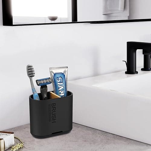 Toothbrush and Toothpaste Holder with Bamboo Divider for Bathroom Countertop Organizer, Detachable for Easy Clean, 2 Slots Electric Toothbrush Holders Storage Caddy Drainage for Family-Black thumbnail 2
