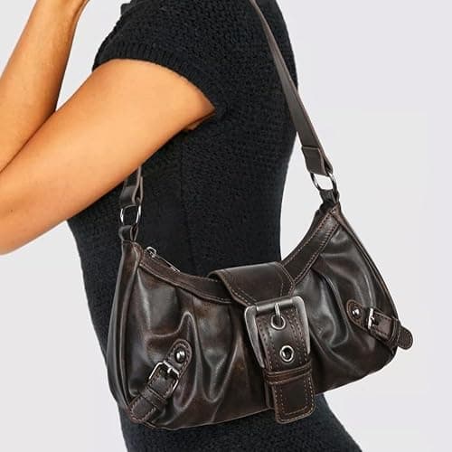 CRGANGZY Women Hobo Bag Y2K PU Leather Crescent Bag Pleated Underarm Purse Magnetic Closure Zipper Clutch Purse Travel Bag - Coffee thumbnail 8