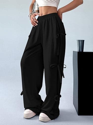 Verdusa Women's Baggy Sweatpants Elastic Waist Casual Bow Wide Leg Pants with Pocket Y2K Going Out Travel Pants thumbnail 5