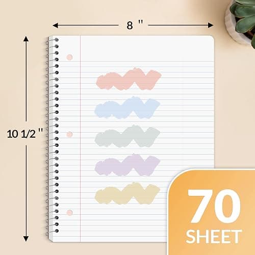 SUNEE Spiral Notebooks, 6 Pack, 1-Subject, College Ruled Paper, 8" x 10-1/2", 70 Sheets per Notebook, Assorted Aesthetic Colors Spiral Notebooks for School thumbnail 3