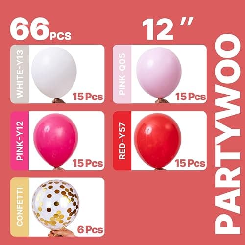 PartyWoo Pink and Red Balloons 66pcs 12 Inch Hot Baby Pink Matte Red White Gold Confetti Balloons for Valentine's Day Engagement Wedding Bachelorette Girl Princess Birthday Party Decorations thumbnail 3