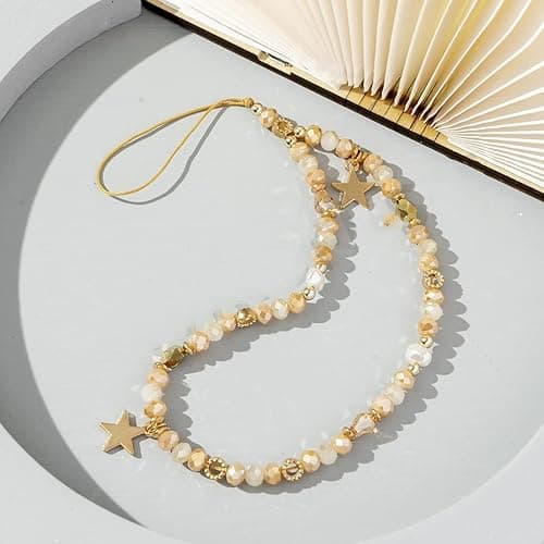 SYSUII Anti-Lost Bead Phone Lanyard Wrist Strap,Trendy Crystal Bead Mobile Phone Chain Five-Pointed Star Phone Charm Strap Cellphone Hanging Cord Telephone Chain Keychain for Women Girls,Gold - Gold