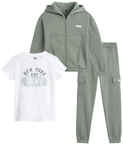 DKNY Girls Pants Set - 3 Piece Graphic Tee, Zip Up Hoodie and Jogger Sweatpants for Girls - Cute Matching Kids Sweatsuit Set - Image 1