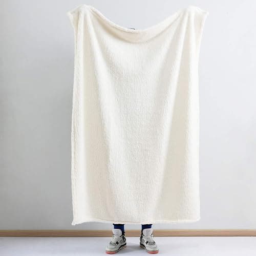 Ultra Soft Cozy Sherpa Throw Blanket, Solid Antique White Light Weight Warm Decorative Boho Style Plush Throw Blanket Cover for Sofa, Couch, Bedroom,Travel, Pattern Reversible, 60”x80” thumbnail 5