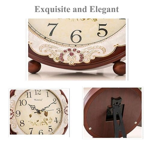 Justup Vintage Table Clock, Retro Non-Ticking European Style Beside Desk Clock Battery Operated Silent Quartz Movement for Bedroom Living Room Indoor Decor (Brown) thumbnail 5