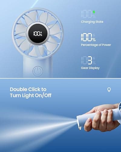 Gaiatop Portable Mini Fan, 3 Speed Handheld Fans with Power Display Flashlight, USB Rechargeable Battery, Lightweight Personal Cooling for Women Men Indoor Outdoor Travel Blue thumbnail 6