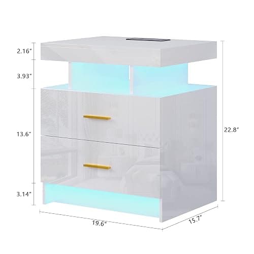 HNEBC Auto LED Nightstand with Wireless Charging Station & USB Ports,High Gloss Bedside Tables with 2 Drawers,Floating Nightstand with 3 Color & Adjustable Brightness for Bedroom,White thumbnail 2