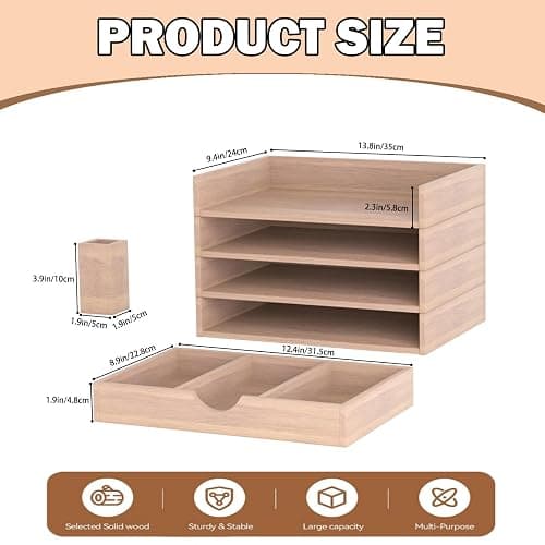 HeyiQiL Paper letter tray, Stackable 4-Tier Wood Desk File Document Organizer with Drawer and Pen Holder For Home Office Classroom thumbnail 3