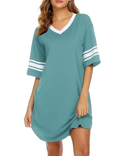 Ekouaer Womens Nightgown Cotton Sleepwear Short Sleeve Sleep Shirt V Neck Color Block Nightshirt - Image 1