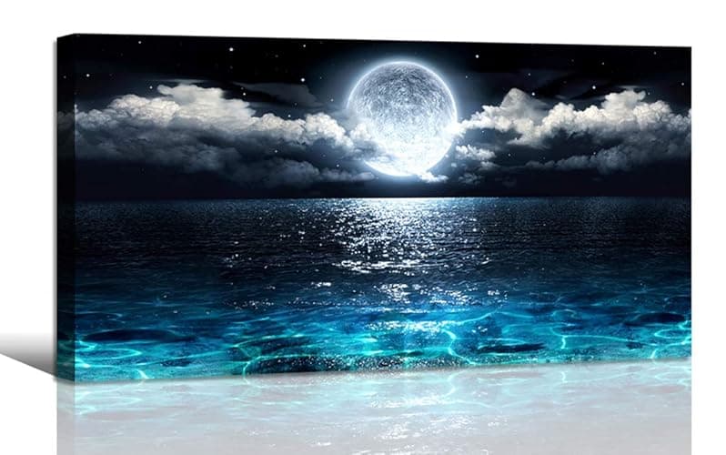 Wall Art Moon Sea Ocean Landscape Picture Canvas Wall Art Print Paintings Modern Artwork for Living Room Wall Decor and Home Décor Framed Ready to Hang,1inch Thick Frame, Waterproof Artwork. - 40L" x 20W" - Ocean Moon Picture Canvas Wall Art