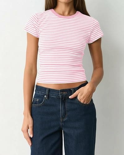 KIGRAD Women Preppy Cute Colorblock Striped Short Sleeve Cropped Tshirts Fitted Crewneck Crop Tee Tops Y2k Teen Clothes thumbnail 3