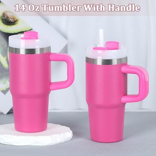 14 Oz Tumbler with Handle and Straw for Kids, Stainless Steel Vacuum Insulated Tumbler Keep Cold Heat and Ice, Gifts for Children Cups (Hot Pink) thumbnail 2