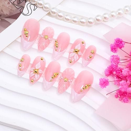 24Pcs 3D Almond Press on Nails Medium White French Tip Fake Nails Gold Beads Shell Starfish Rhinestones Design Flower Glue on Nails Spring False Nails Handmade Acrylic Nails for Women Manicure thumbnail 2