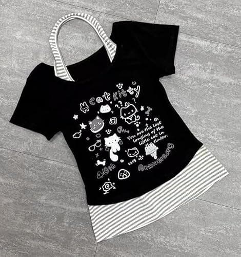 Kawaii Cutecore Harajuku Y2k 2000s Tops Summer Preppy Aesthetic Alt Goth Emo Short Sleeve Graphic Tees thumbnail 7