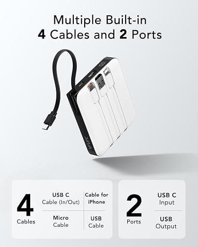VRURC Battery Pack Charger Portable 10000mAh, 22.5W Power Bank Fast Charging with Built-in Cable, Cell Phone Power Bank for iPhone 17 16 15 & Early Series (White) thumbnail 2
