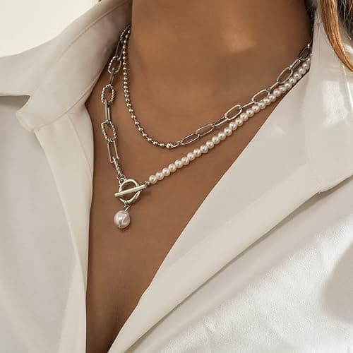 Bethynas Dainty Silver Layered Baroque Pearl OT Clasp Necklace Stacking Beaded Ball Chain Paperclip Pearl Chain Retro Necklace for Women thumbnail 3