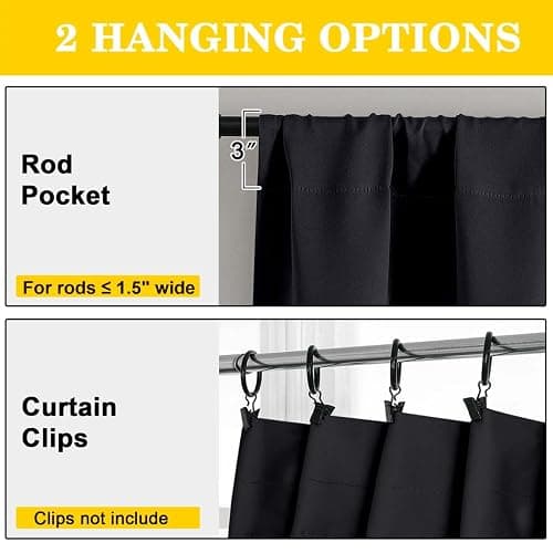 WelvetBLK Black Blackout Curtains for Bedroom Living Room 63 Inch Length 2 Panels Set, Soft Solid Room Darkening Thermal Insulated Window Treatments, Rod Pocket Dining Room Curtains, Black, 40"Wx63"L thumbnail 4