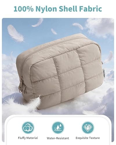 Narwey Quilted Makeup Bag for Women Girl, Puffer Travel Cosmetic Bag Puffy Make Up Bag Organizer, Cute Travel Toiletry Bag for Toiletries (Khaki) thumbnail 3