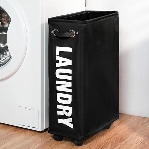 DOKEHOM 25-Inches Slim Laundry Basket on Wheels, Collapsible Rolling Laundry Hamper, Foldable Narrow Corner Clothes Storage Bins (Black) thumbnail 8