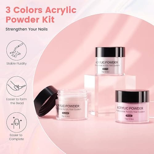 Nail Kit for Beginners with Everything: Professional Nail Acrylic Powder Liquid Set with Practice Hand Drill U V Light in Cosmetic Bag for Women Salon Home (Pink) thumbnail 6
