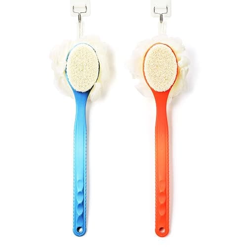 Shower Body Brush with Bristles and Loofah,Back Scrubber Bath Mesh Sponge with Curved Long Handle for Skin Exfoliating Bath, Massage Bristles Suitable for Wet or Dry, Men and Women (Blue) thumbnail 6