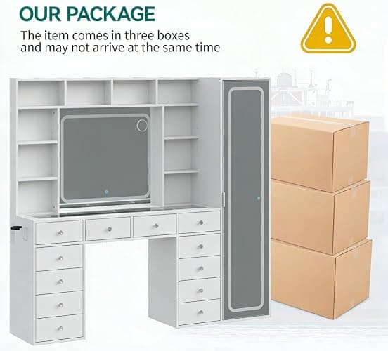 Yanosaku Vanity Desk Full Length Mirror & LED Mirror with Power Outlet, Makeup Vanity 14 Drawers & 10 Shelves, Hidden Storage Capacity, Dimmable & 3 Color Lighting Dressing Table for Bedroom, White thumbnail 9