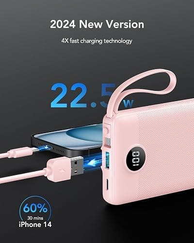 VRURC Portable Phone Charger, 20W PD Fast Charging Portable Charger for iPhone, 10000mAh Battery Bank with Cables, 4 Output 3 Input USB C Battery Pack for iPhone 17 16 15 14 13,Samsung Galaxy-Pink thumbnail 2