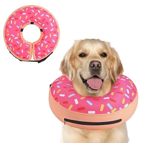 Supet Inflatable Dog Cone Collar Alternative After Surgery, Doggie Neck Donut Collar Recovery ECollar, Soft Dog Cone for Small Medium Large Dogs - Donut Pink - L-(Neck 11"-14")