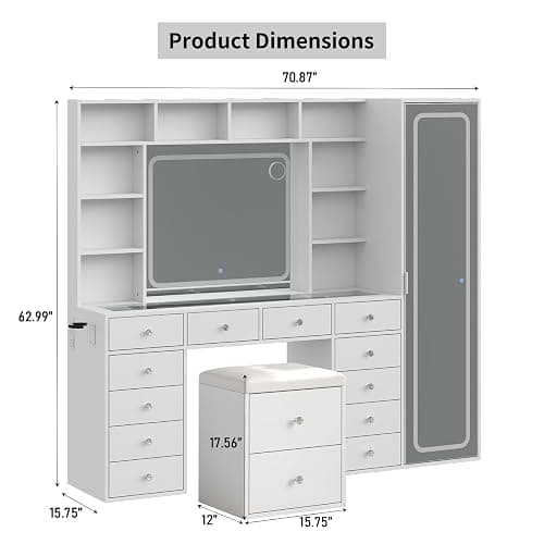 Yanosaku Vanity Desk Full Length Mirror & LED Mirror with Power Outlet, Makeup Vanity 14 Drawers & 10 Shelves, Hidden Storage Capacity, Dimmable & 3 Color Lighting Dressing Table for Bedroom, White thumbnail 2