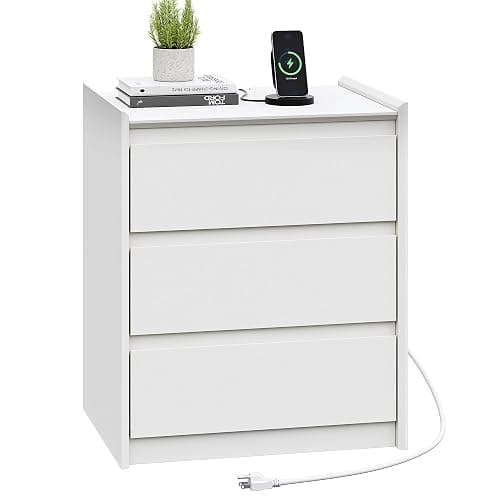 FurniXpress 24" Tall White Nightstand with Charging Station, 3 Drawer Modern Bedside Table with Tray Top, USB & Type-C Ports and AC Outlets for Bedroom or Living Room - Image 1