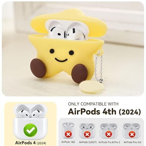 Cute Case Compatible with AirPods 4 Case Cover 2024,Kawaii Funny 3D Cartoon AirPods 4th Genaration Case,Star Shape Silicone Protective Cover with Cleaner Kit and Keychain for Women Girls(Yellow) thumbnail 2