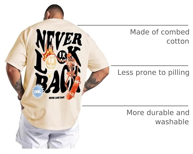 UOUA Men's Graphic Tees Oversized Short Sleeve T-Shirt | 100% Cotton, Ribbed Crewneck, Vintage Streetwear, Summer Casual Tops thumbnail 4