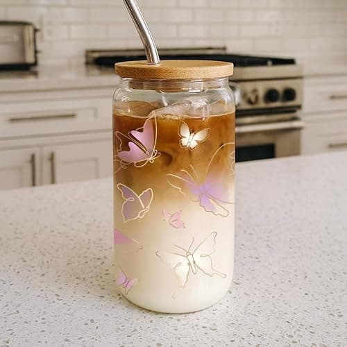 Niyorayna Pink Butterfly Gifts for Women,Sister,Daughter,Mom,Her,Friends,Aesthetic Idea Christmas Birthday Thanksgiving Gifts,Butterfly Tumbler Coffee Can Glasses with Lids and Straws 16oz 41 thumbnail 2