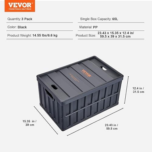 VEVOR 65L Collapsible Storage Bins with Lids 3 Packs, Stackable Utility Crates with Handles, Large Folding Containers for Organizing Tools, Books, Food, Drinks, Camping&Transport thumbnail 3