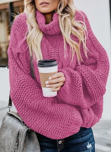 Dokotoo Womens 2025 Winter Fall Solid Turtleneck High Neck Balloon Long Sleeve Sweaters Pullover Outerwear thumbnail 2
