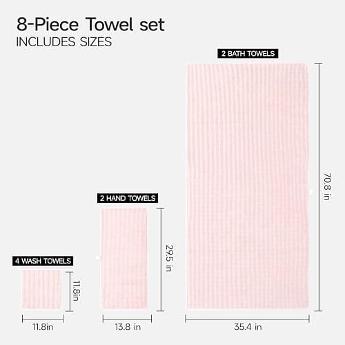 REDKISS Soft Bath Towel Sets 8-Piece, Microfiber Quick Dry & Absorbent, 35x70 in Large Bath Sheet 14x30 in Hand Towel, 12x12 in Washcloth, Pink Bathroom Towel Set thumbnail 3