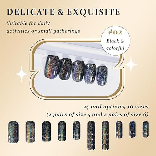 Black Chrome Cat Eye Medium Press on Nails Square, Medium Square Glue on Nails for Women Gift, Black Colorful Iridescent Metallic Glitter Glossy Reusable Summer Stick Gel Press on Acrylic Fake Nail thumbnail 5