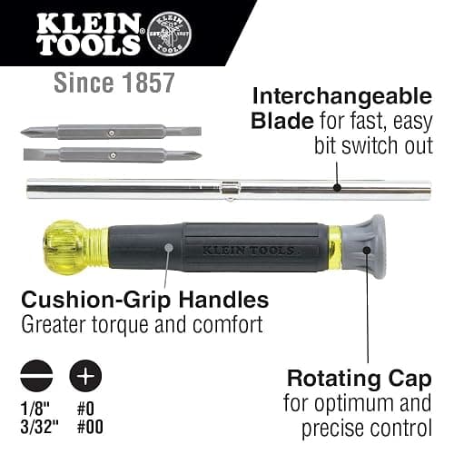 Klein Tools 32581 4-in-1 Electronics Screwdriver Set with 2 Slotted, 2 Phillips Precision Machined Bits, Ideal for Terminal Blocks thumbnail 3
